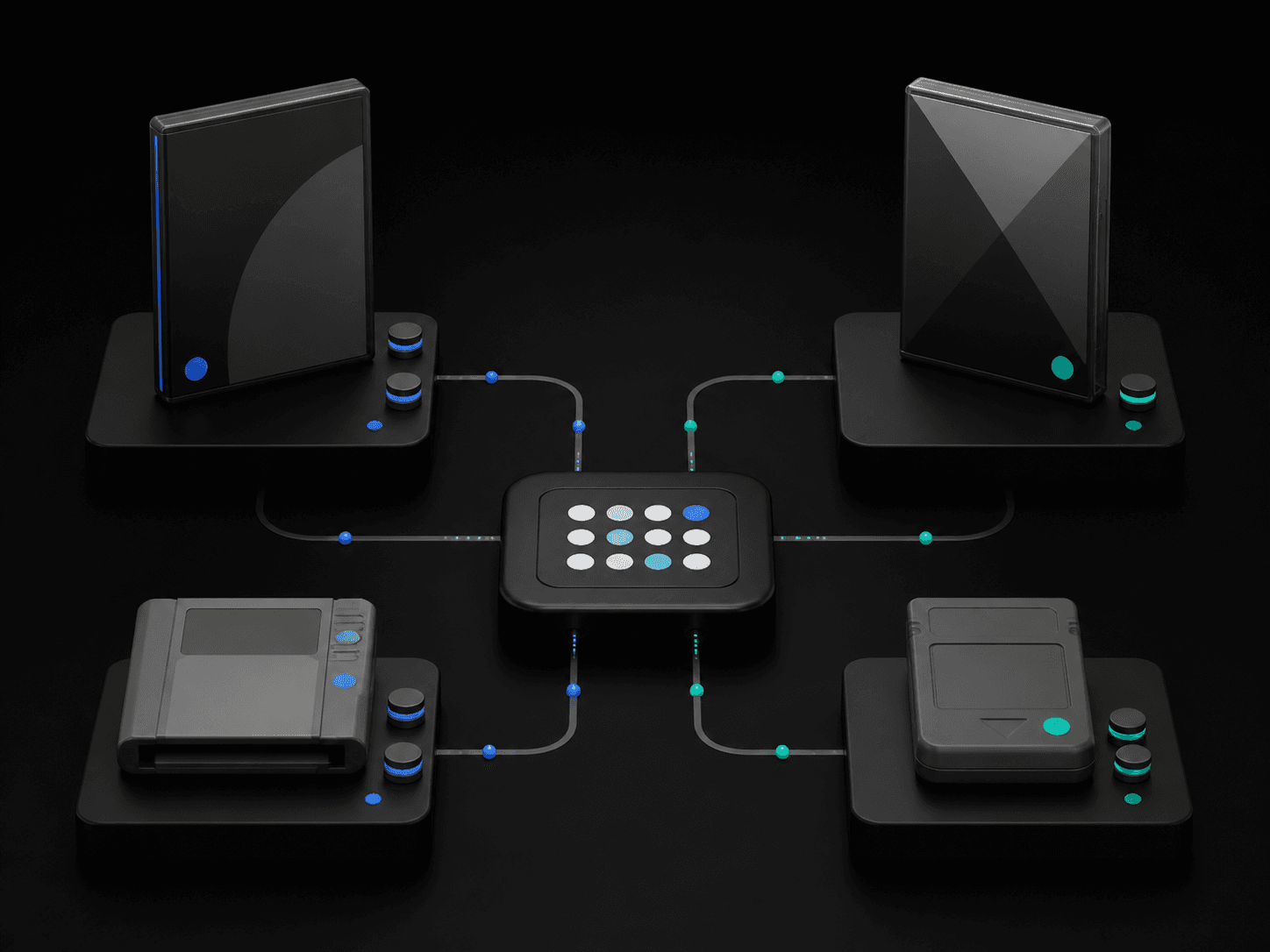 3D illustration of game cases and cartridges routed from multiple sources into one unified marketplace catalog