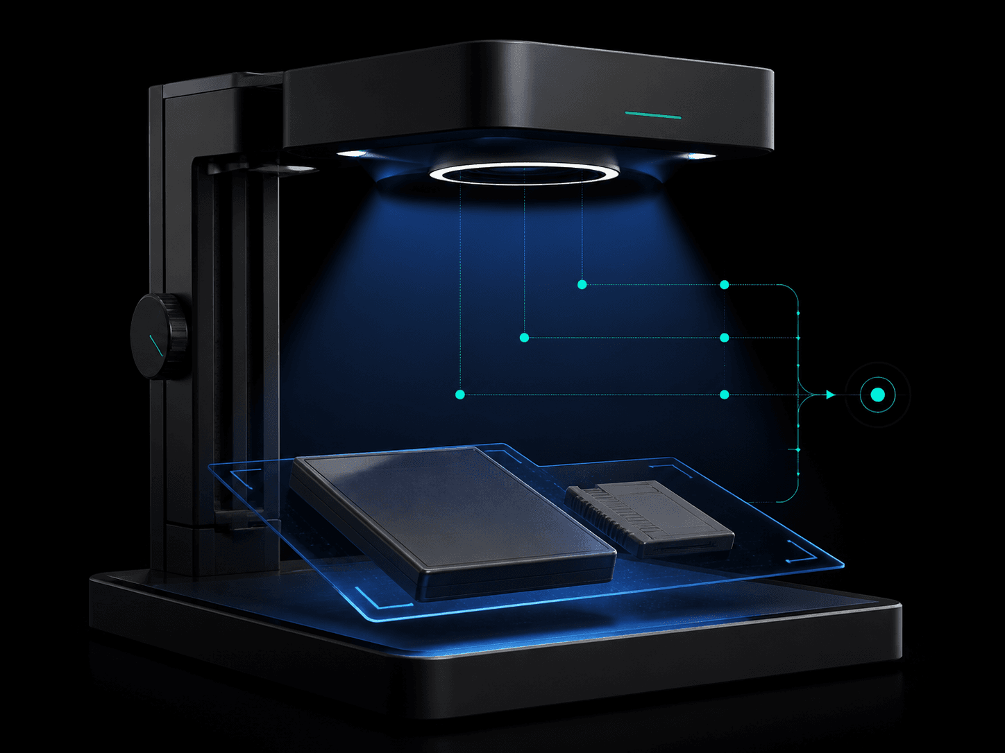 3D illustration of a game case and cartridge being identified by an optical scanner