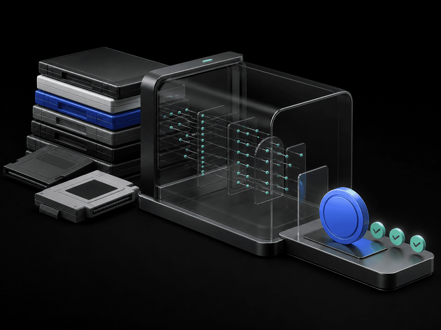 3D illustration of games passing through a transparent valuation pipeline toward payout